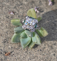 Platinum Art Deco c.1920's .1.50ct European cut diamond and emerald filigree antique engagement wedding ring - GIA certified