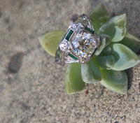 Platinum Art Deco c.1920's .1.50ct European cut diamond and emerald filigree antique engagement wedding ring - GIA certified