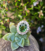 silver top and 18ct gold green tourmaline & diamond estate antique ring