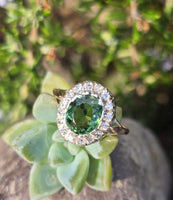 silver top and 18ct gold green tourmaline & diamond estate antique ring