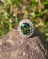 silver top and 18ct gold green tourmaline & diamond estate antique ring