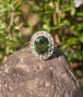 silver top and 18ct gold green tourmaline & diamond estate antique ring