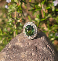 silver top and 18ct gold green tourmaline & diamond estate antique ring