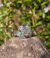 Platinum Art Deco c.1920's .1.50ct European cut diamond and emerald filigree antique engagement wedding ring - GIA certified