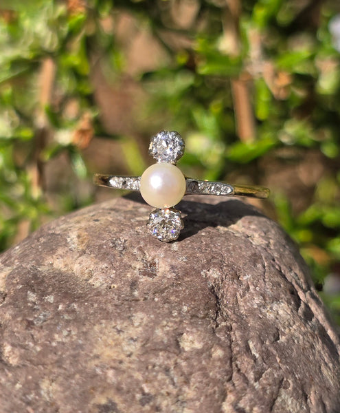 platinum top & 18k gold two tone Edwardian pearl and old cut diamond antique ring HOLD