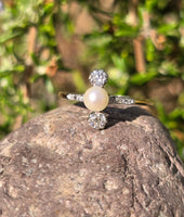 platinum top & 18k gold two tone Edwardian pearl and old cut diamond antique ring HOLD