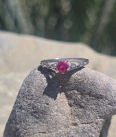 platinum tulip flower filigree ruby solitaire antique ring&nbsp;