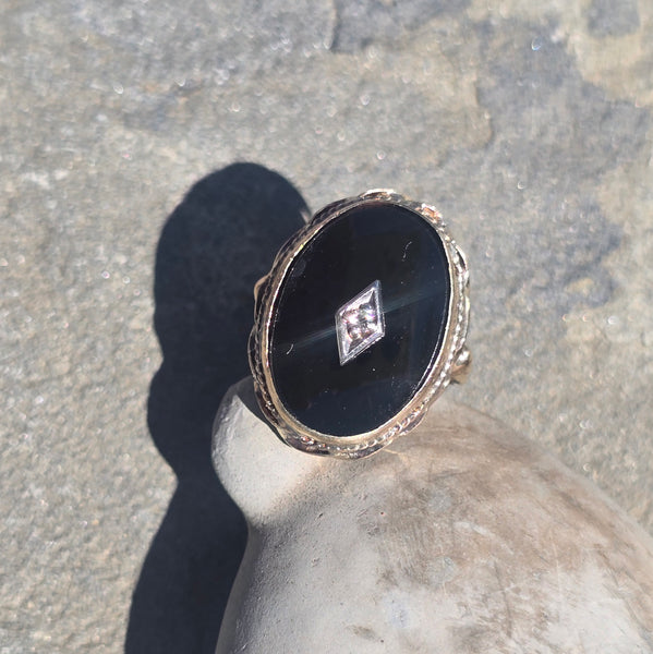 14k gold two-tone black onyx and diamond vintage ring