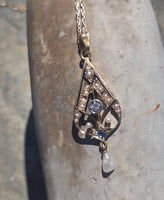 14k gold Deco blue sapphire, diamond and pearl necklace pendant lavaliere