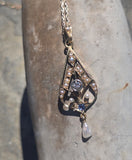 14k gold Deco blue sapphire, diamond and pearl necklace pendant lavaliere
