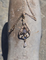 14k gold Deco blue sapphire, diamond and pearl necklace pendant lavaliere