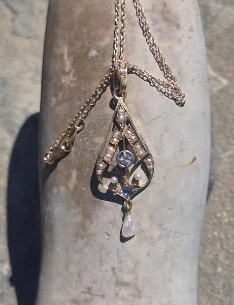 14k gold Deco blue sapphire, diamond and pearl necklace pendant lavaliere