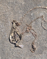 14k gold Deco blue sapphire, diamond and pearl necklace pendant lavaliere