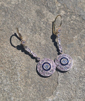 platinum and 18k gold two-tone Art Deco diamond and sapphire target earrings dangle drops