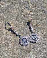 platinum and 18k gold two-tone Art Deco diamond and sapphire target earrings dangle drops