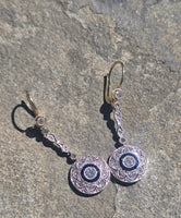 platinum and 18k gold two-tone Art Deco diamond and sapphire target earrings dangle drops