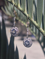platinum and 18k gold two-tone Art Deco diamond and sapphire target earrings dangle drops