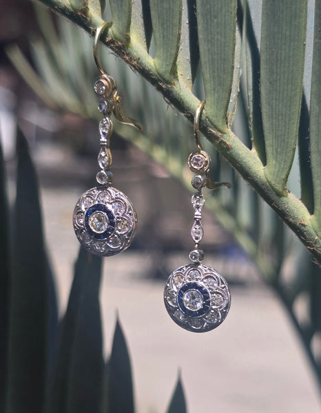 platinum and 18k gold two-tone Art Deco diamond and sapphire target earrings dangle drops
