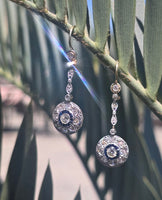 platinum and 18k gold two-tone Art Deco diamond and sapphire target earrings dangle drops