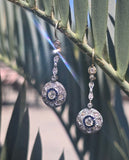 platinum and 18k gold two-tone Art Deco diamond and sapphire target earrings dangle drops