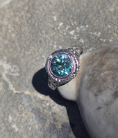 18k white gold blue zircon filigree c.1920's ring