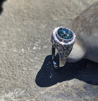 18k white gold blue zircon filigree c.1920's ring