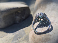 18k white gold blue zircon filigree c.1920's ring
