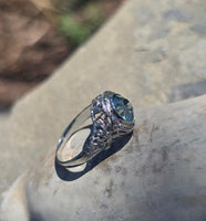 18k white gold blue zircon filigree c.1920's ring