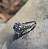 18k white gold blue zircon filigree c.1920's ring