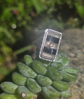 14k white gold c.20s filigree Deco diamond black onyx & quartz ring
