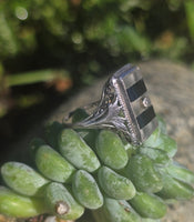 14k white gold c.20s filigree Deco diamond black onyx & quartz ring