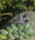 14k white gold c.20s filigree Deco diamond black onyx & quartz ring
