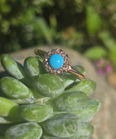 14k yellow gold Victorian turquoise and rose cut diamond halo ring
