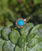 14k yellow gold Victorian turquoise and rose cut diamond halo ring