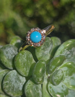 14k yellow gold Victorian turquoise and rose cut diamond halo ring