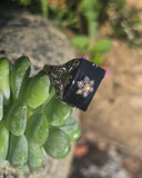 14k white gold antique onyx diamond and pearl Edwardian floral filigree ring