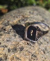 14k white gold antique onyx diamond and pearl Edwardian floral filigree ring