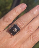 14k white gold antique onyx diamond and pearl Edwardian floral filigree ring