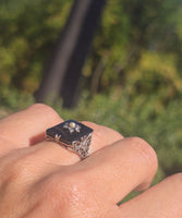 14k white gold antique onyx diamond and pearl Edwardian floral filigree ring