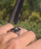 14k white gold antique onyx diamond and pearl Edwardian floral filigree ring