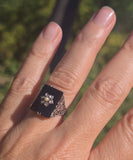 14k white gold antique onyx diamond and pearl Edwardian floral filigree ring