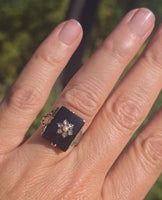 14k white gold antique onyx diamond and pearl Edwardian floral filigree ring