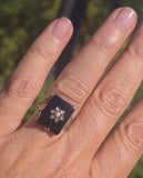 14k white gold antique onyx diamond and pearl Edwardian floral filigree ring