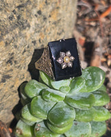 14k white gold antique onyx diamond and pearl Edwardian floral filigree ring