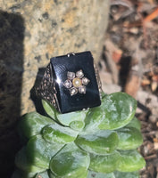 14k white gold antique onyx diamond and pearl Edwardian floral filigree ring