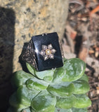 14k white gold antique onyx diamond and pearl Edwardian floral filigree ring