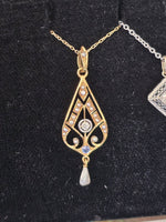 14k gold Deco blue sapphire, diamond and pearl necklace pendant lavaliere