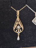 14k gold Deco blue sapphire, diamond and pearl necklace pendant lavaliere