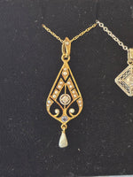 14k gold Deco blue sapphire, diamond and pearl necklace pendant lavaliere