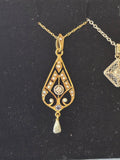 14k gold Deco blue sapphire, diamond and pearl necklace pendant lavaliere